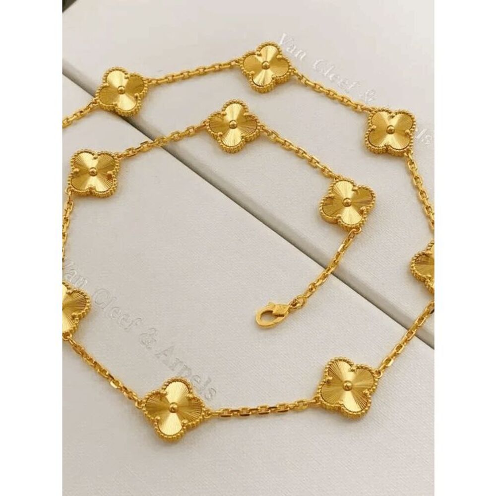 18K Gold Van Cleef & Arpels Style Alhambra Necklace Full Laser-Engraved Sunburst